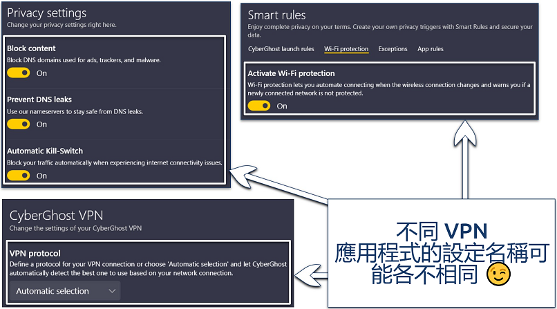 Screenshots of CyberGhost’s Windows app showing its various security-related settings